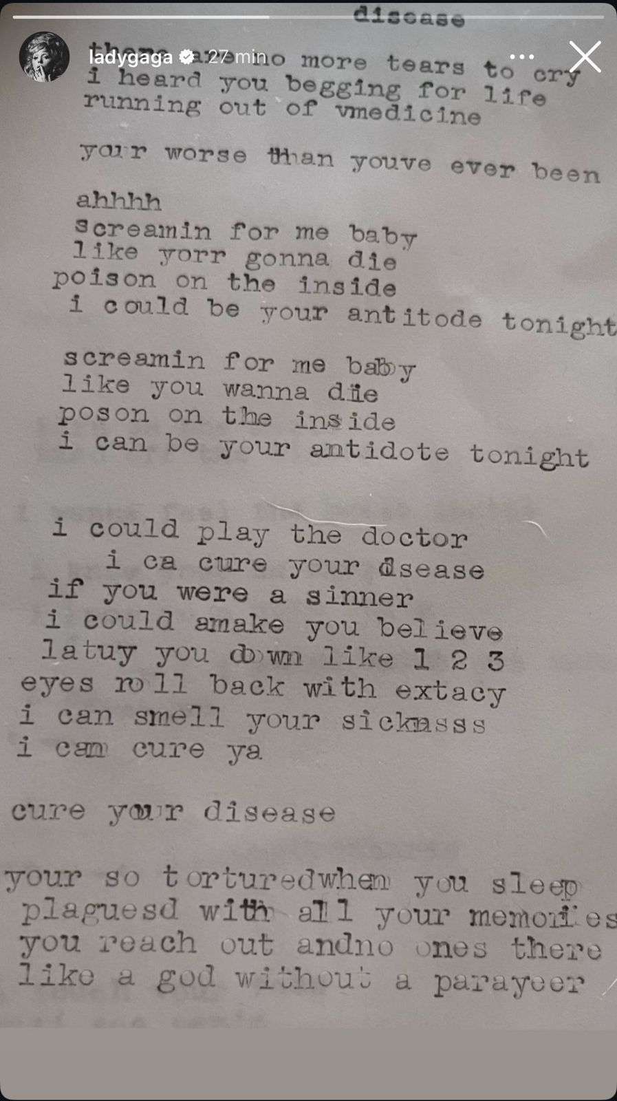 Lady Gaga utilizou as redes sociais para compartilhar a letra de "Disease" • Instagram/Lady Gaga