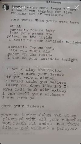 Lady Gaga utilizou as redes sociais para compartilhar a letra de "Disease" • Instagram/Lady Gaga