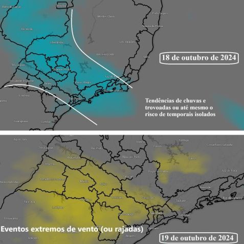 Um mapa produzido pelo LAPIS, mostra as tendências de chuvas, trovoadas e temporais isolados no estado sexta-feira e sábado • Laboratório Lapis