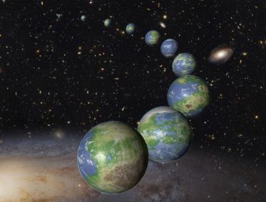 A ilustração apresenta varias formas da Terra, mostrando como o planeta passou por diferentes processos até chegar na sua idade atual.
