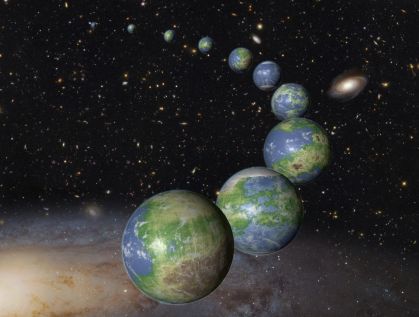 A ilustração apresenta varias formas da Terra, mostrando como o planeta passou por diferentes processos até chegar na sua idade atual.