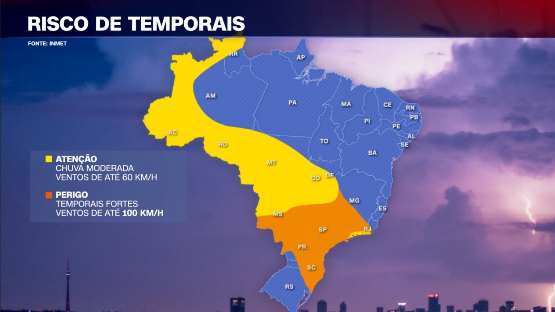Áreas de alerta para temporal nos próximos dias. • Marco Mendes/ CNN