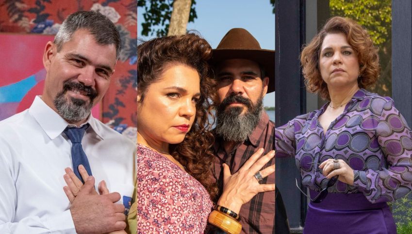 Juliano Cazarré e Isabel Teixeira fizeram casal em "Pantanal" e agora dividem elenco em "Volta Por Cima". • Globo/ Beatriz Damy l Globo/Estevam Avellar l Globo/ Beatriz Damy
