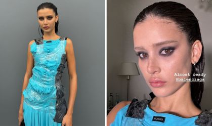 Com look de fita adesiva, Livia Nunes acompanha desfile da Balenciaga em Paris