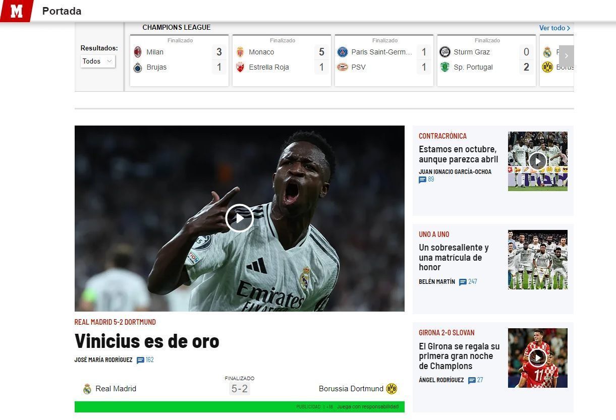 Site do Jornal Marca exalta atuação de Vini Jr. • Reprodução
