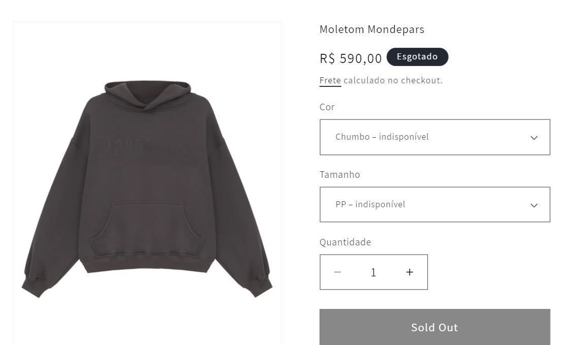 Moletom da Mondepars está esgotado no site oficial da grife • Reprodução/Mondepars