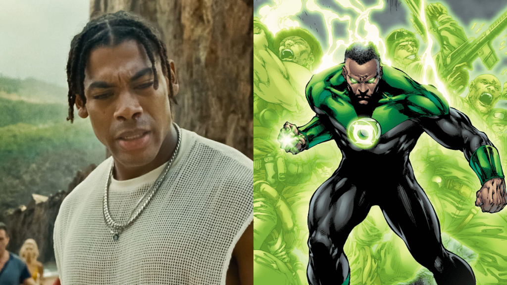 Montagem com Aaron Pierre em "Tempo" e John Stewart nas páginas dos gibis da DC