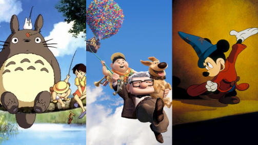 Montagem com as animações "Meu Amigo Totoro", "Up - Altas Aventuras" e "Fantasia"