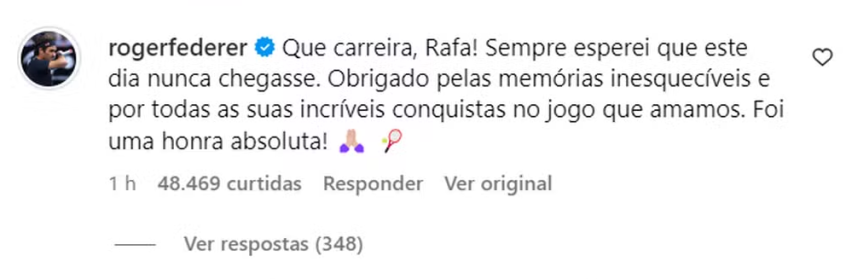Roger Federer comentou em publicação de Rafael Nadal • Reprodução/Instagram