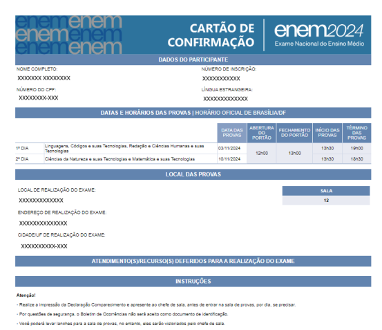 O cartão de confirmação pode ser impresso e levado nos dias do Enem • Reprodução/Inep