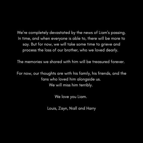 Perfil da boyband lamentou a morte de Liam Payne nesta quinta-feira (17) • Instagram/One Direction