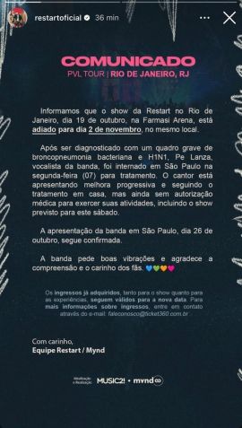 Restart compartilhou comunicado em suas redes sociais explicando o adiamento do show no Rio • Instagram/Restart
