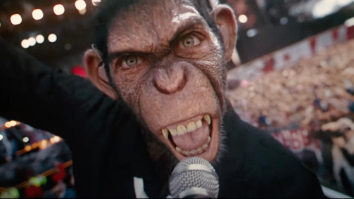 Macaco que representa Robbie Williams no trailer de "Better Man"