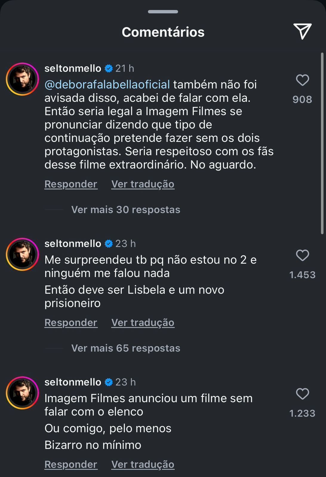Selton Mello reagiu ao ver que "Lisbela e o Prisioneiro" poderia ganhar uma sequência. • Instagram/Omelete