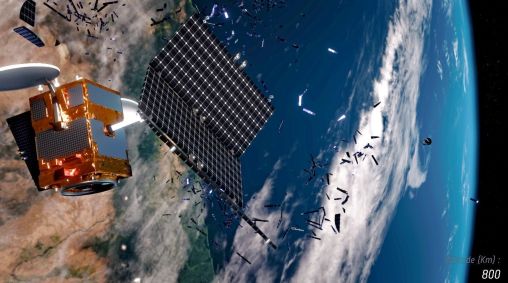 A imagem apresenta uma ilustração que mostra o lixo espacial de um satélite na órbita da Terra.