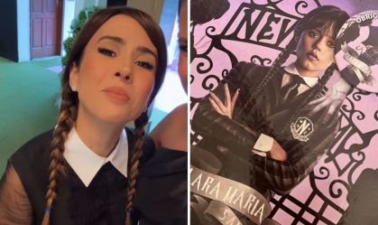 Tatá Werneck se transforma em Wandinha para aniversário da filha