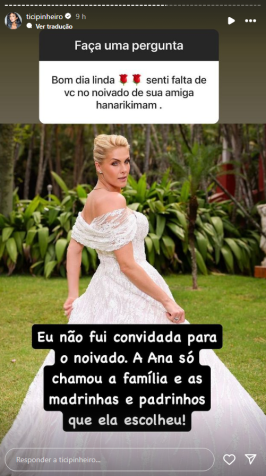 Ticiane Pinheiro esclarece motivo de não comparecer ao noivado de Ana Hickmann • Instagram/ Ticiane Pinheiro