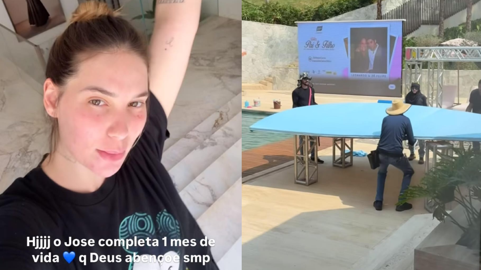 Funcionários estão montando uma mesa no quintal, ao lado da piscina da mansão de Virginia e Zé Felipe em Goiânia