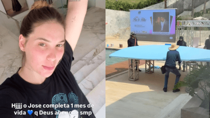 Funcionários estão montando uma mesa no quintal, ao lado da piscina da mansão de Virginia e Zé Felipe em Goiânia