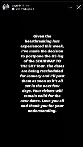 Zayn Malik utilizou as suas redes sociais para comunicar o adiamento de sua turnê • Instagram/Zayn