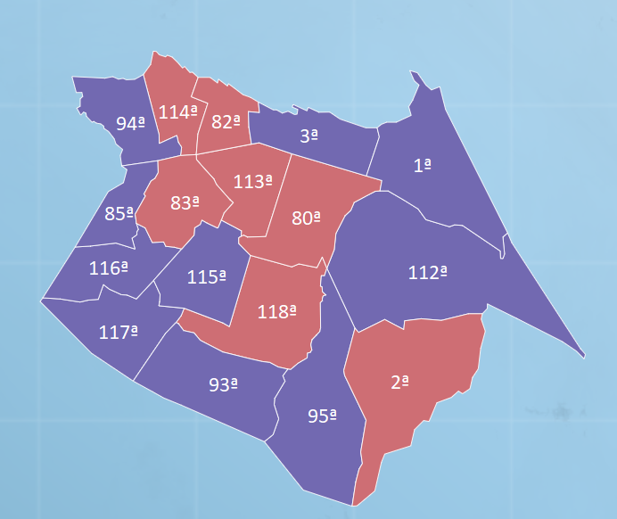 Divisão por zona eleitoral da eleição em Fortaleza (em vermelho, zonas vencidas por Leitão e em Azul, por Fernandes) • Reprodução/CNN