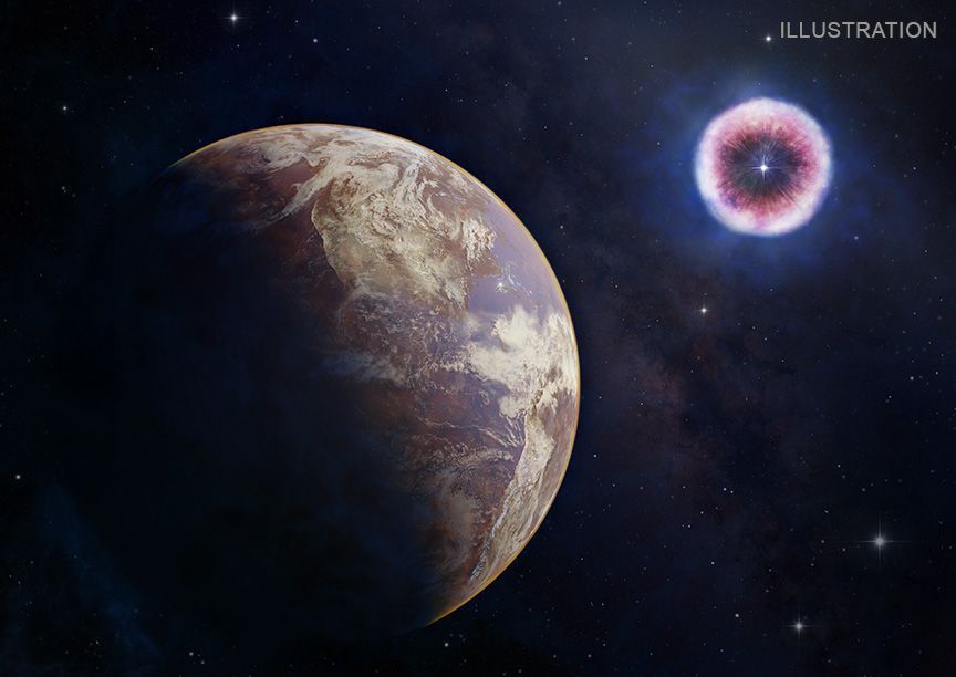 Ilustração de uma planeta semelhante à Terra após dez anos de exposição de radiação de uma supernova • NASA/CXC/M. Weiss