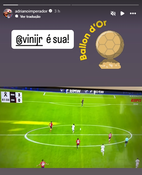 Adriano Imperador sugeriu prêmio para Vini Jr. • Reprodução / Instagram