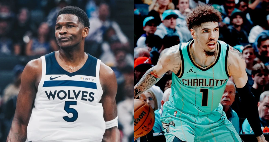 Anthony Edwards, ala-armador do Timberwolves e LaBelo Mall, armador do Hornets