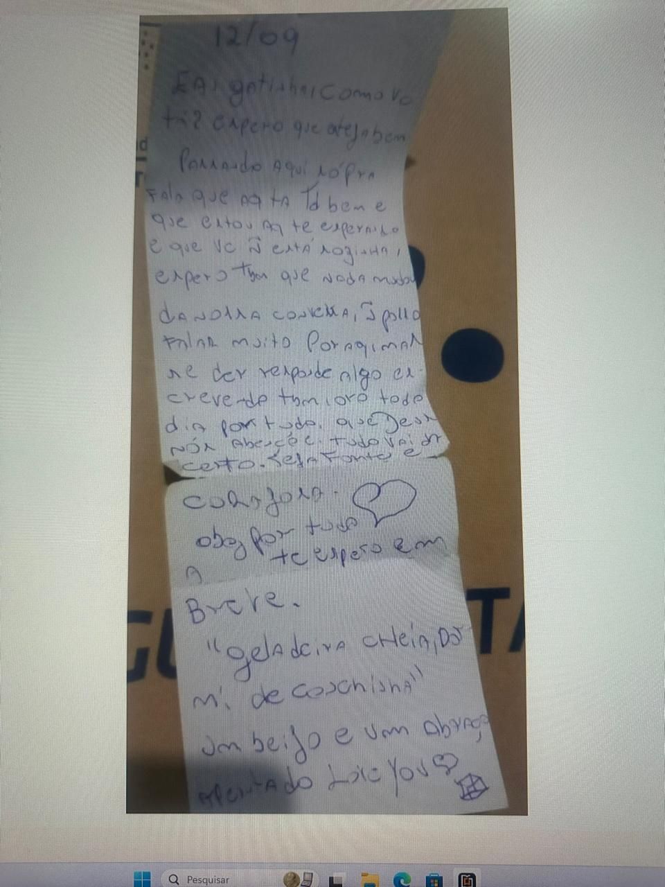 Bilhete que teria sido escrito por Mario e enviado a Rafaela • Reprodução