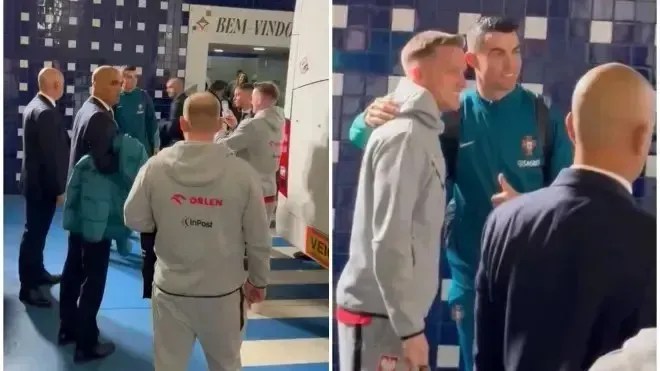 Momento em que Zielinski e Zalewski tiram fotos com Cristiano