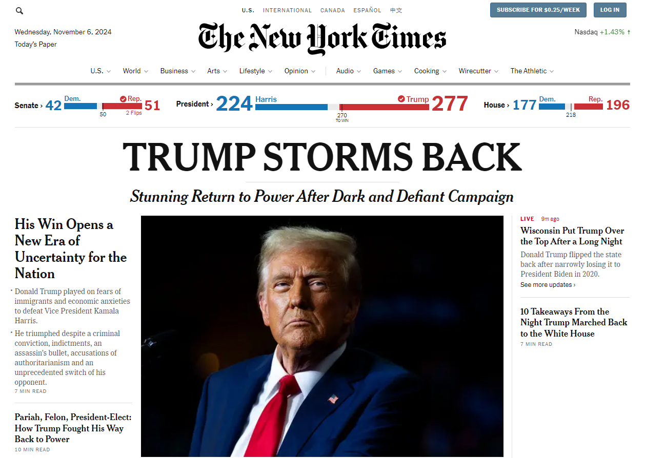 New York Times repercute vitória de Donald Trump nesta quarta-feira (6) • Reprodução
