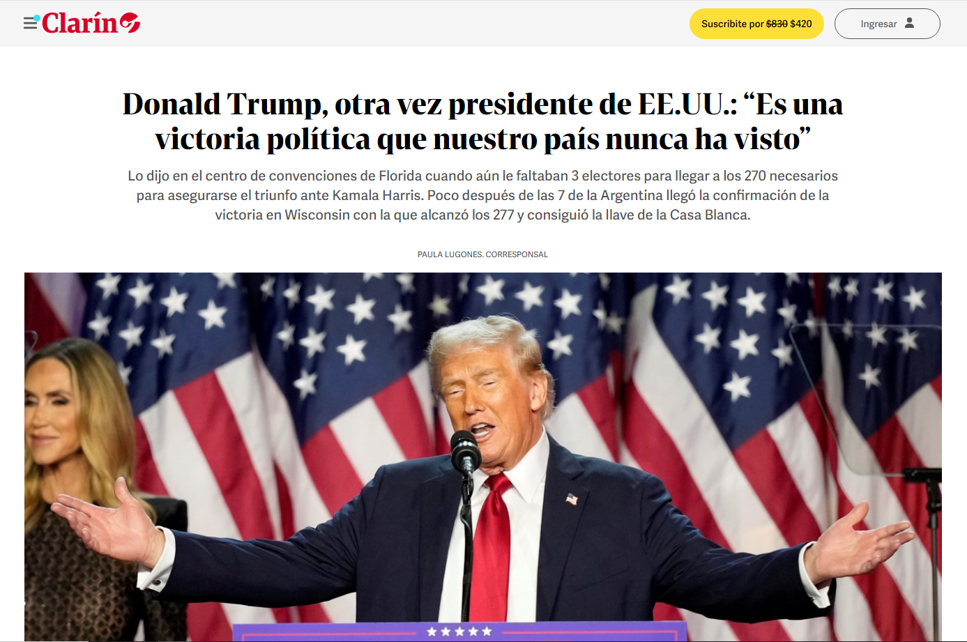 Clarín repercute a vitória de Donald Trump nesta quarta-feira (6) • Reprodução