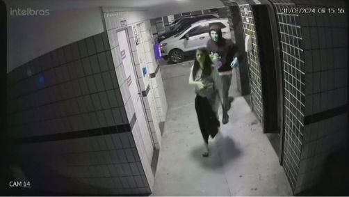 6h15: Mario e Marcelly saindo do elevador e indo em direção ao carro de Mario