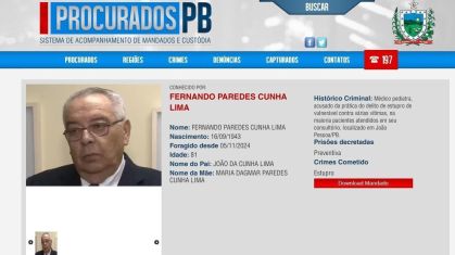 Página de procurados da Polícia Civil da Paraíba apresenta o nome do pediatra Fernando Paredes Cunha Lima