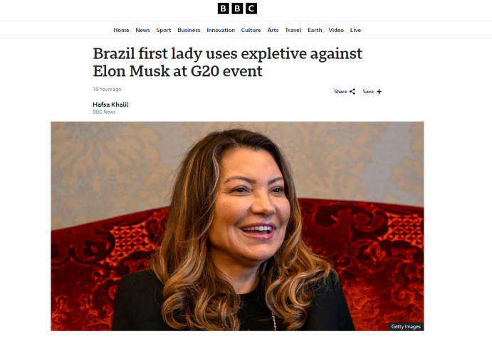 Emissora britânica deu destaque ao xingamento de Janja a Musk • Reprodução