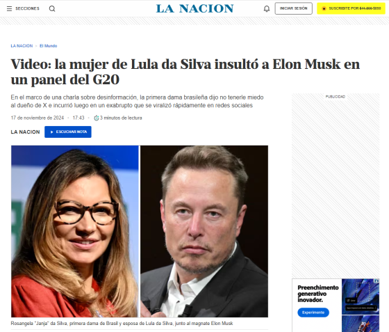 Periódico argentino foi mais um dos veículos a repercutir a difícil relação entre Musk e o governo brasileiro • Reprodução
