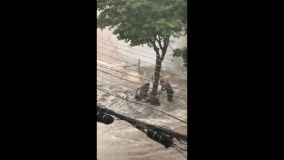 Homens seguram moto que seria levada pela enxurrada na região do Morumbi, na zona sul de São Paulo