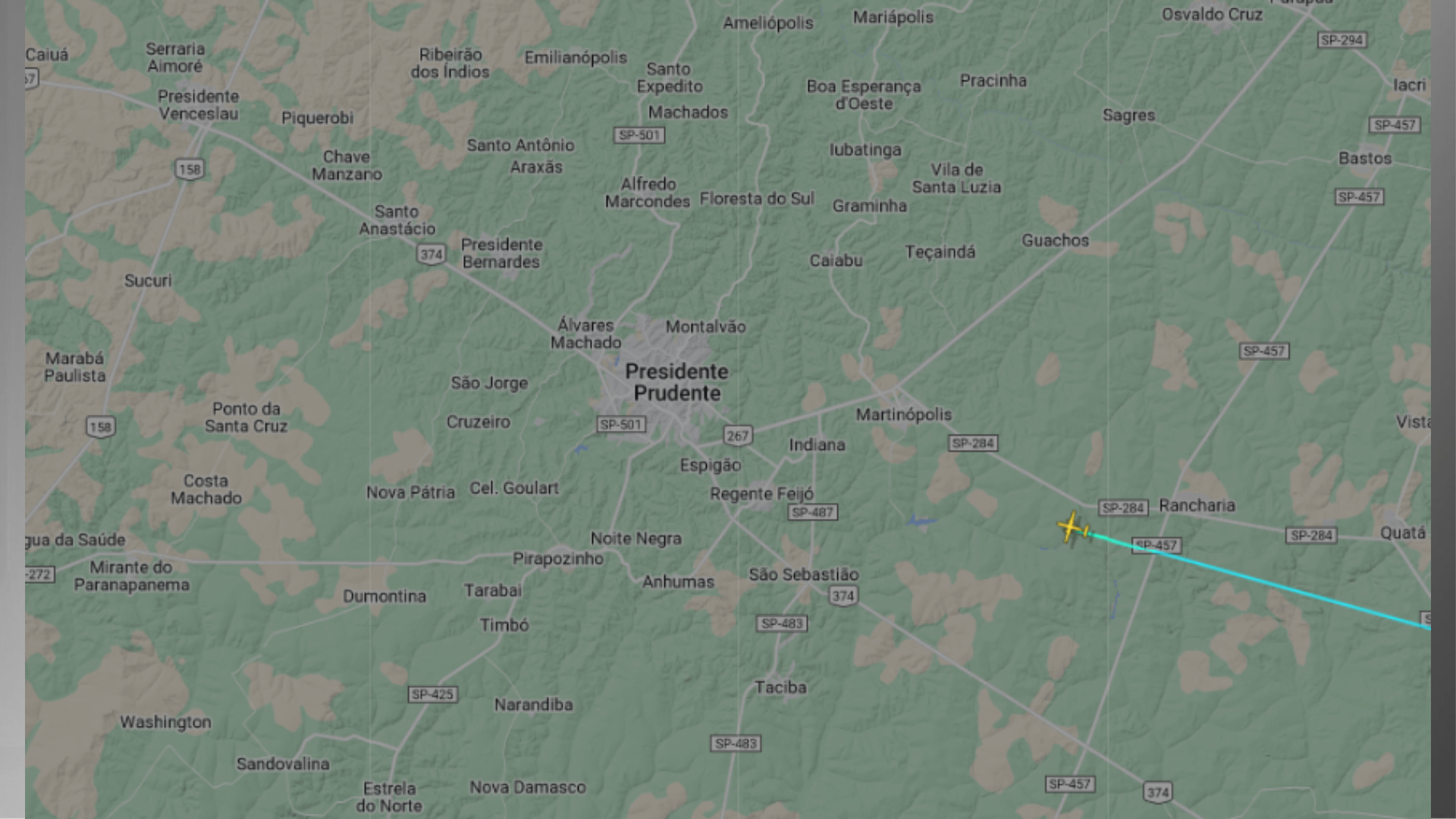 Imagem mostra ATR-72 se aproximando de Presidente Prudente, no interior paulista • Reprodução/Flight Radar24