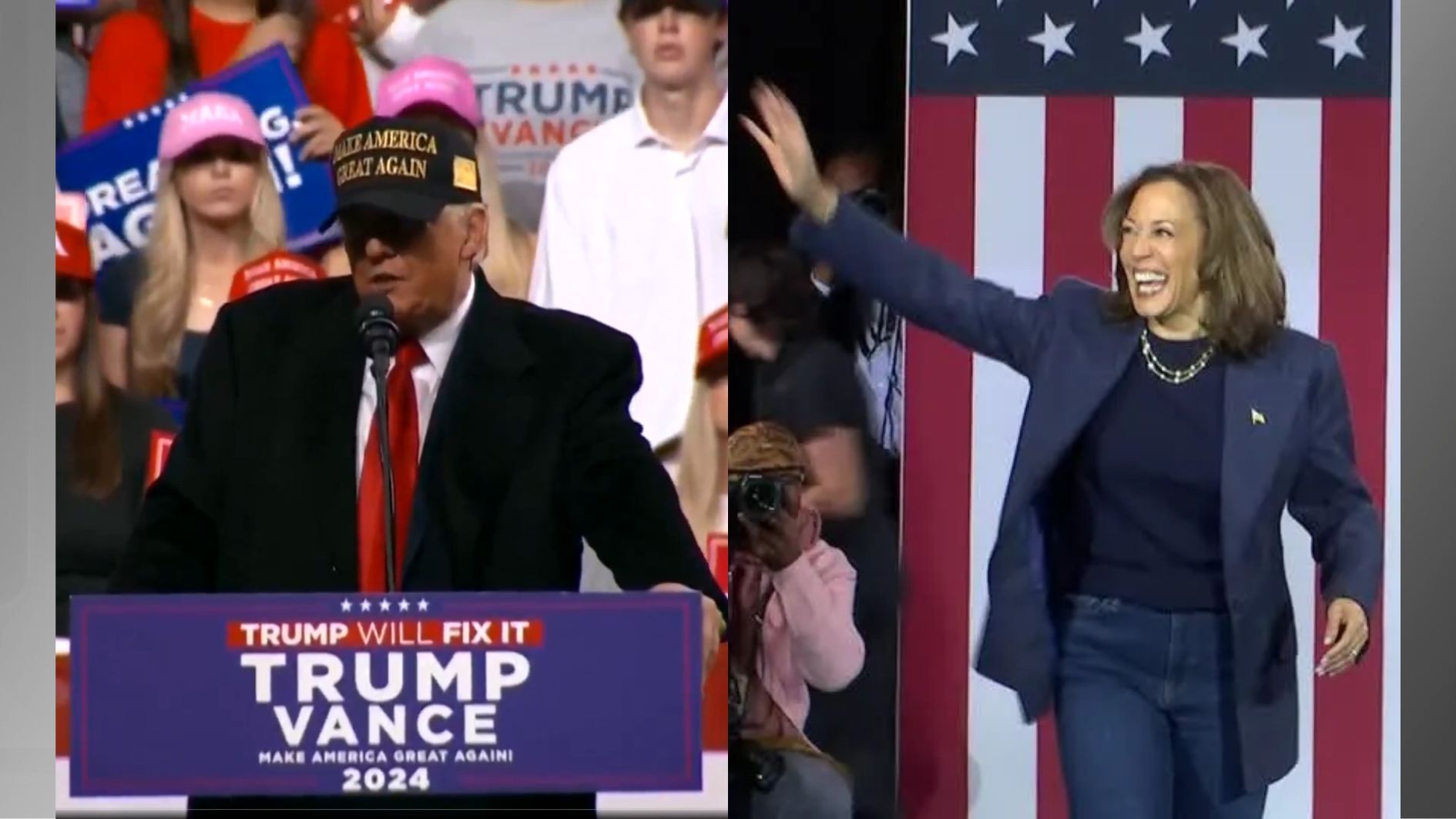 Donald Trump e Kamala Harris durante os últimos atos de campanha à Presidência dos EUA