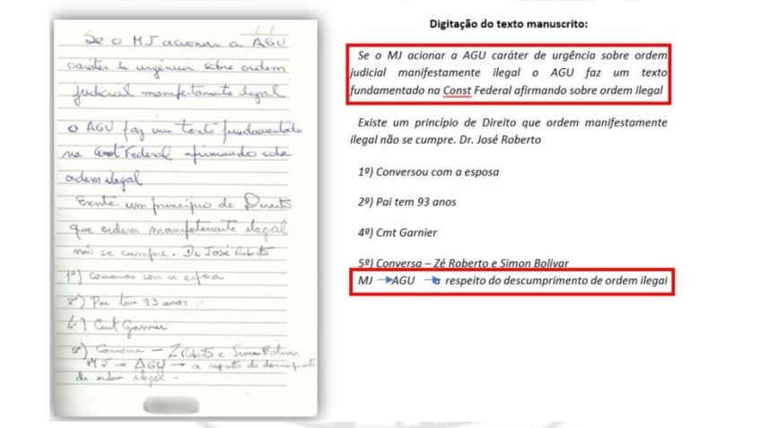 Manuscrito do general Heleno sobre a atuação da AGU • Reprodução/PF