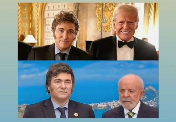 Postagem compartilhada pelo presidente Javier Milei mostra líder argentino ao lado de Donald Trump e do presidente Lula • Reprodução