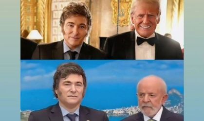 Postagem compartilhada pelo presidente Javier Milei mostra líder argentino ao lado de Donald Trump e do presidente Lula