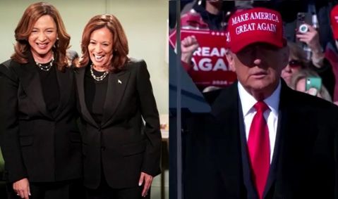 Kamala Harris ao lado de Maya Rudolph no SNL, e Donald Trump em comício