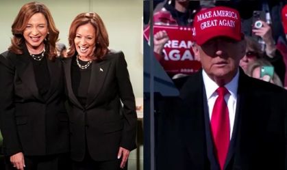 Kamala Harris ao lado de Maya Rudolph no SNL, e Donald Trump em comício