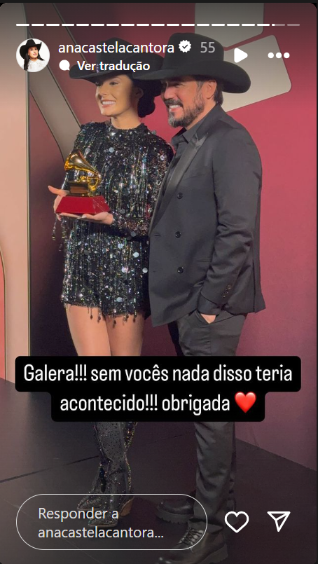 Ana Castela utilizou as redes sociais para agradecer aos seus fãs, após ganhar um Grammy Latino • Instagram/Ana Castela