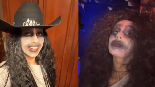 Sua segunda fantasia da noite foi de Samara, protagonista dos filmes “O Chamado”, e para ficar parecida com a morta, a Boiadeira pintou o rosto de branco e os olhos de preto