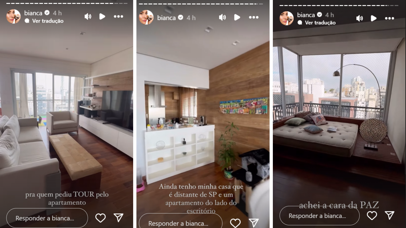 Nos stories, ela mostrou sala da estar, varanda e cozinha de seu novo apartamento • Instagram/Bianca