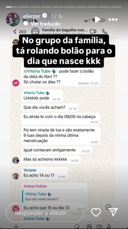 Família de Viih Tube e Eliezer estão fazendo um bolão para prever a data de nascimento de Ravi • Instagram/Eliezer