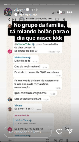 Família de Viih Tube e Eliezer estão fazendo um bolão para prever a data de nascimento de Ravi • Instagram/Eliezer