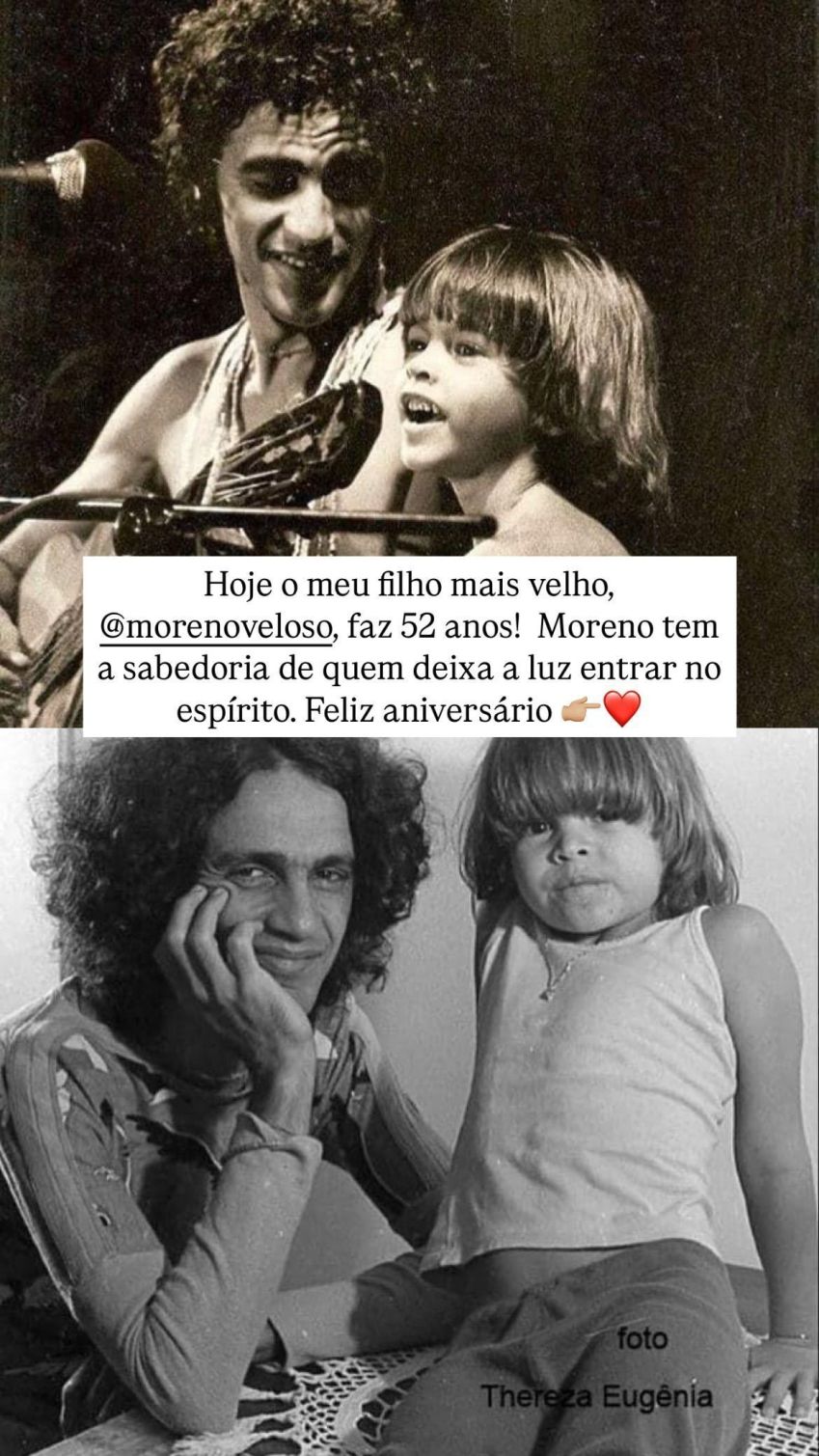 Caetano Veloso parabenizou seu filho mais velho, fruto de seu primeiro casamento, com Andréa Gadelha • Instagram/Caetano Veloso
